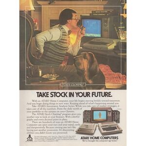 1982 Atari Home Computer Vintage Print Ad Retro Tech Finance Wall Art Decor
